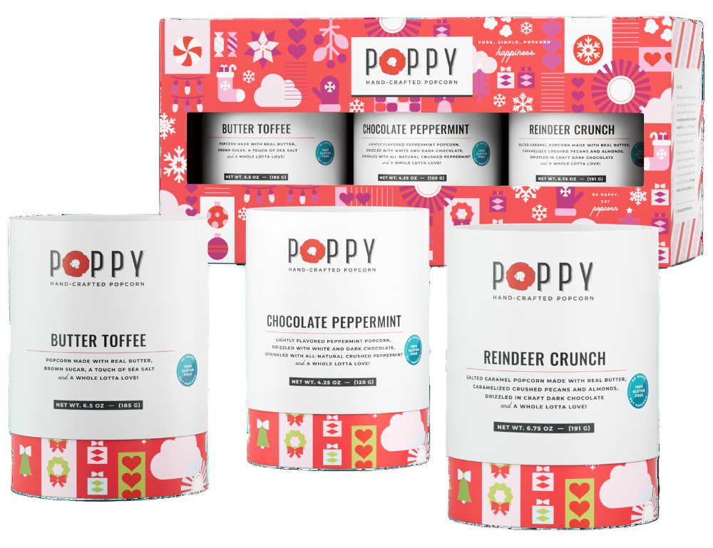 Poppy Handcrafted Gourmet Popcorn Holiday 3-Pack Gift Set