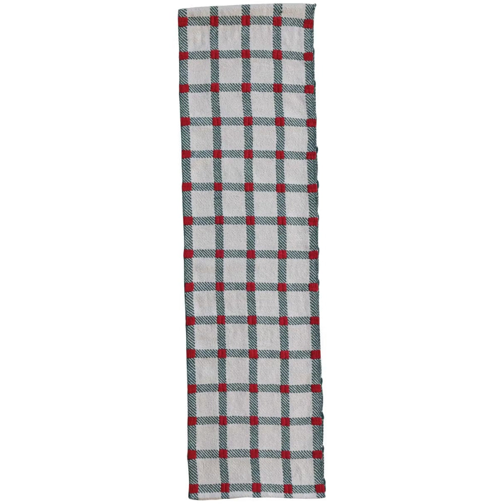 Red & Green Plaid Embroidered Cotton Table Runner - 14" x 9'