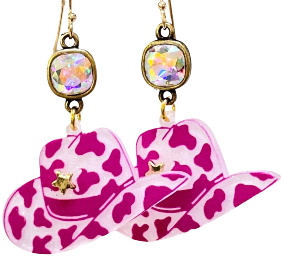 Pink Panache Acrylic Cowboy Hat & Crystal Earrings