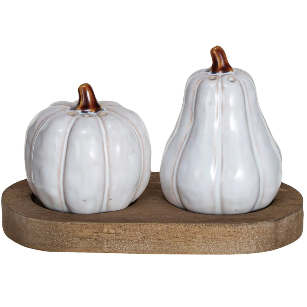 CO-OP Whitewashed Stoneware Pumpkin Salt & Pepper Shaker Set - 2 pc. (w/ Base)