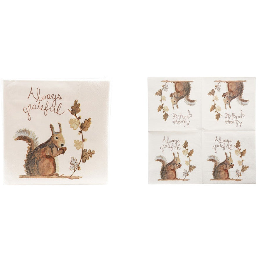 "Always Grateful" Squirrel Paper Cocktail Napkins - 50 pc.