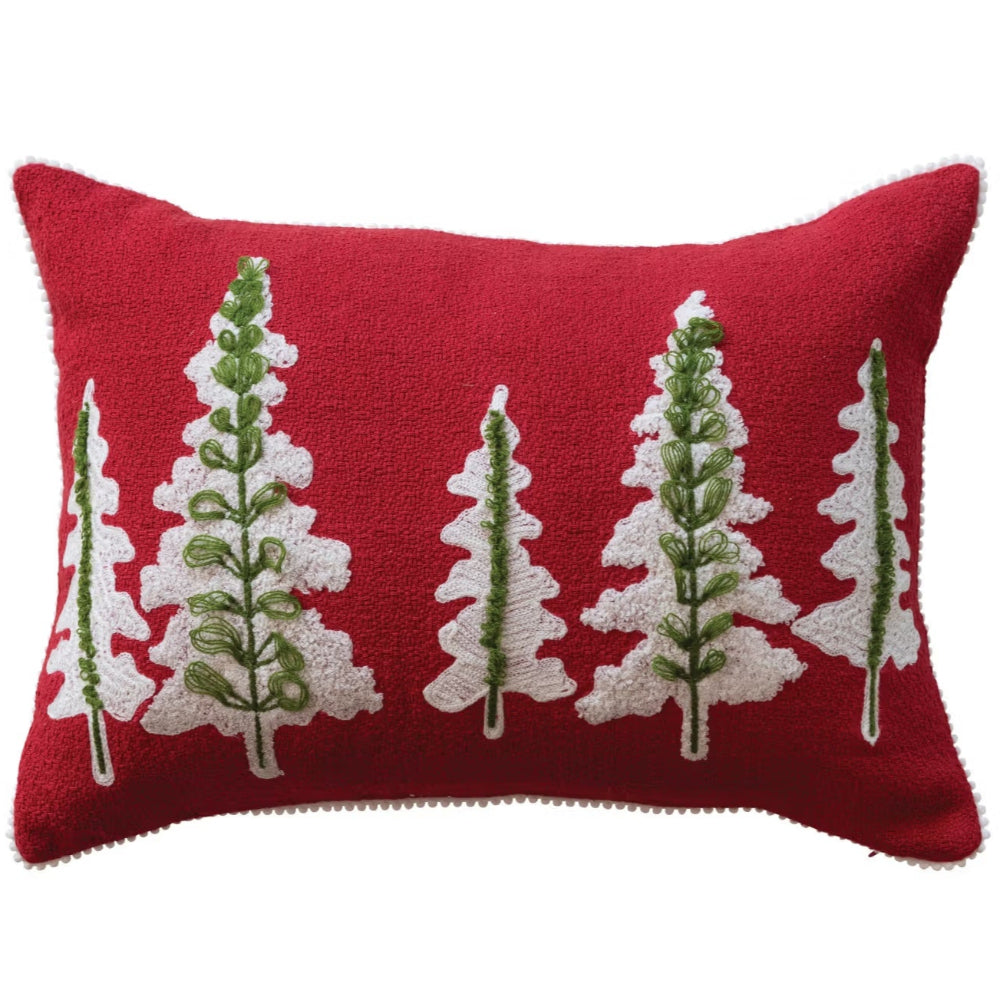 Embroidered Christmas Trees Cotton Lumbar Pillow - 14" x 20"