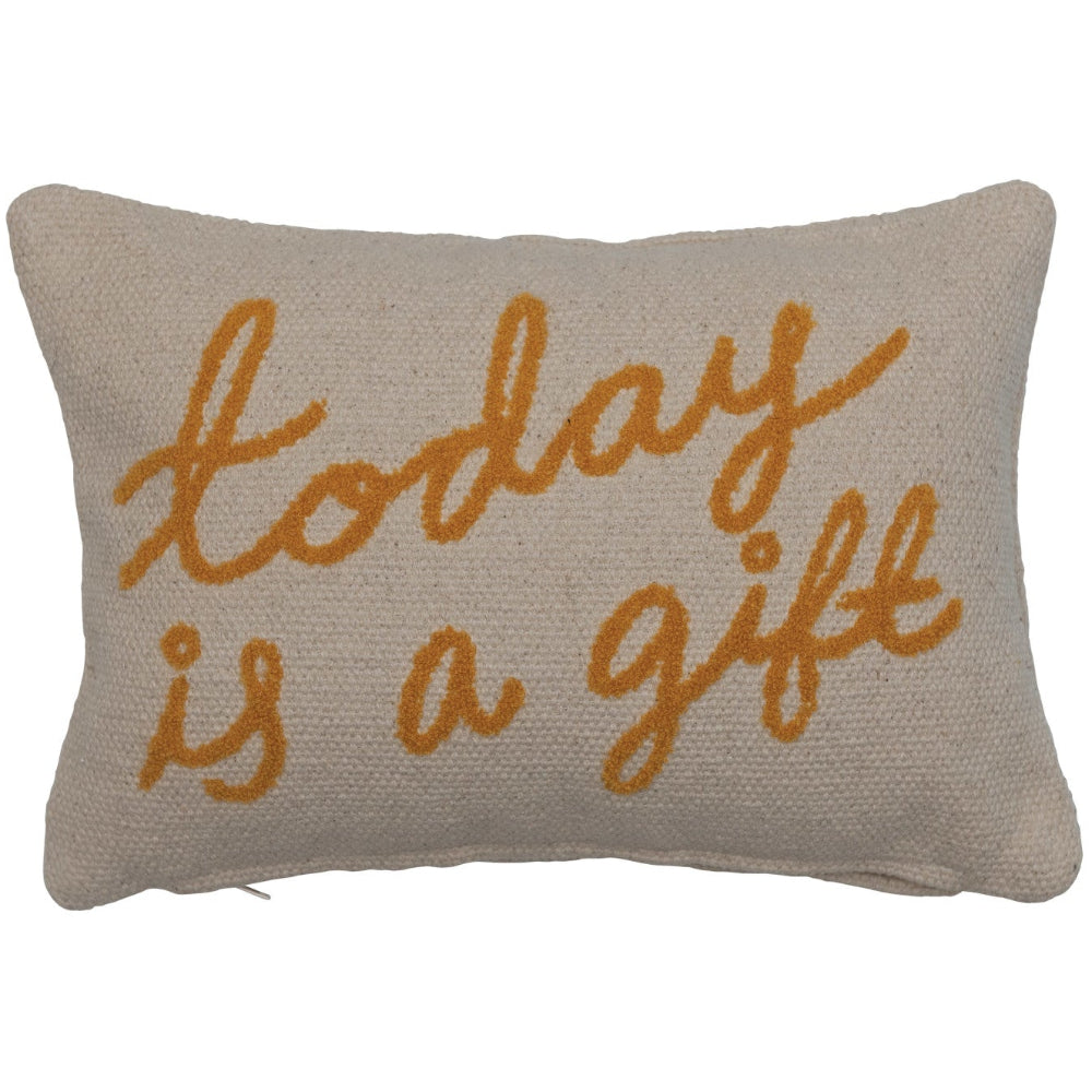 "Today is a Gift" Embroidered Cotton Lumbar Pillow - 9" x 14"