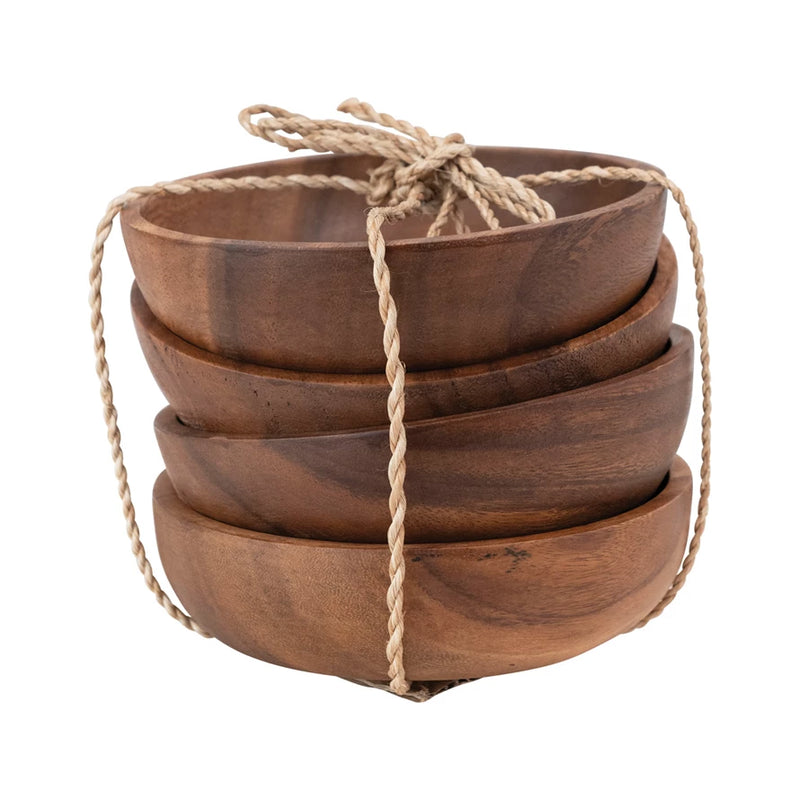 Acacia Wood Bowls with Abaca Tie, Set of 4