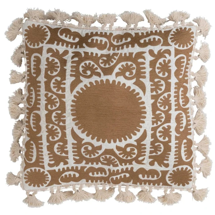 Cotton Chambray & Tassels Embroidered Throw Pillow - 20" x 20"