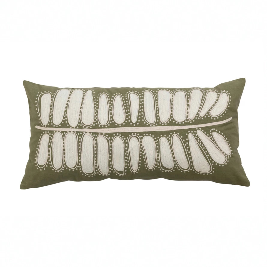 Cotton Lumbar Pillow w/ Leaf Embroidery - 24"L x 14"W