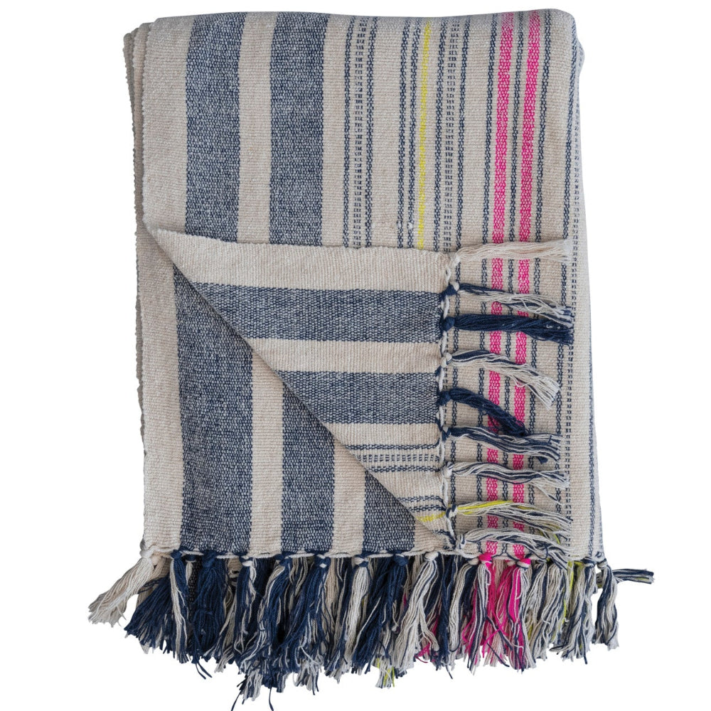 Multicolored Blue & White Frilled Striped Cotton Throw Blanket - 50" x 60"