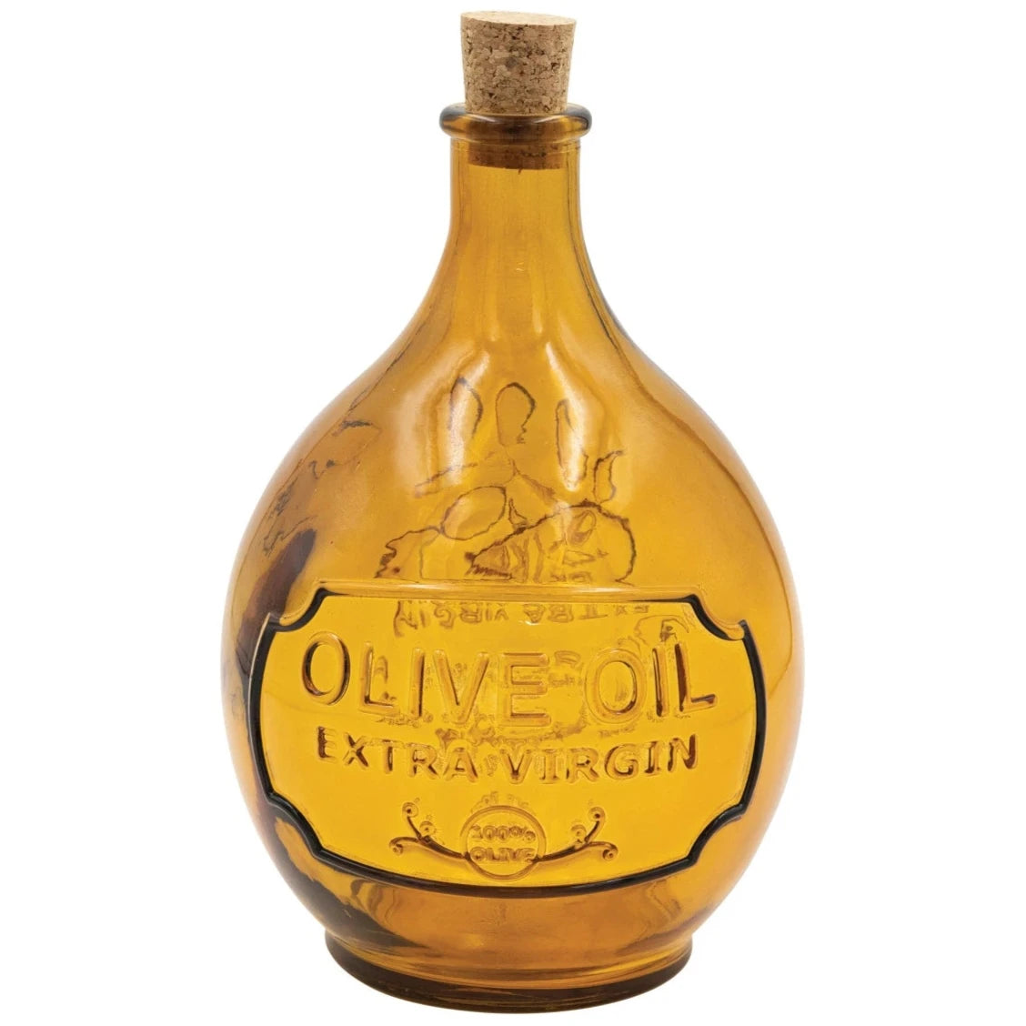 Embossed Recycled Glass "Olive Oil" Amber Bottle w/ Cork Stopper - 7.25"