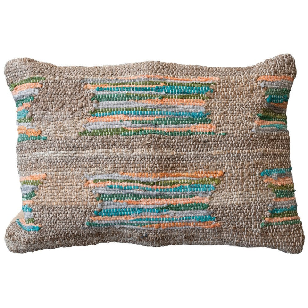 Hand-Woven Jute & Cotton Chindi Multicolored Lumbar Pillow - 16" x 24"
