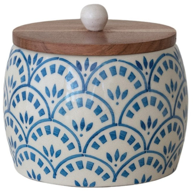 Blue & White Scalloped Pattern Stoneware Jar & Lid - 5.75" x 5.25"