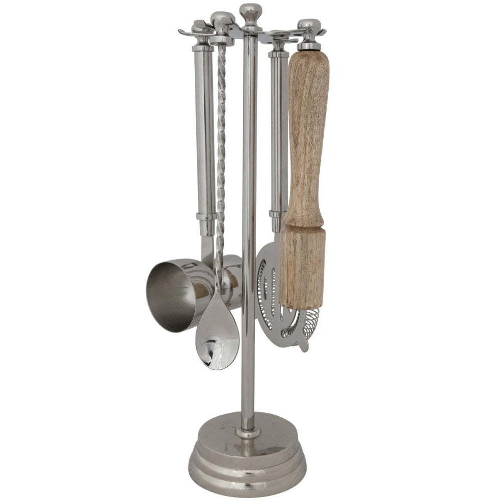 Stainless Steel Bartending Tools + Holder Set - 5 pc.