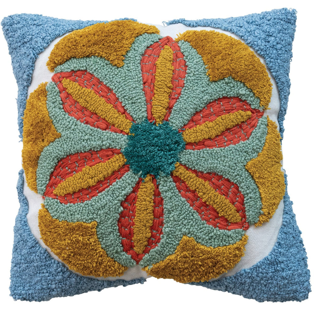 Tufted Cotton Pillow w/ Center Flower - 16" x 16"