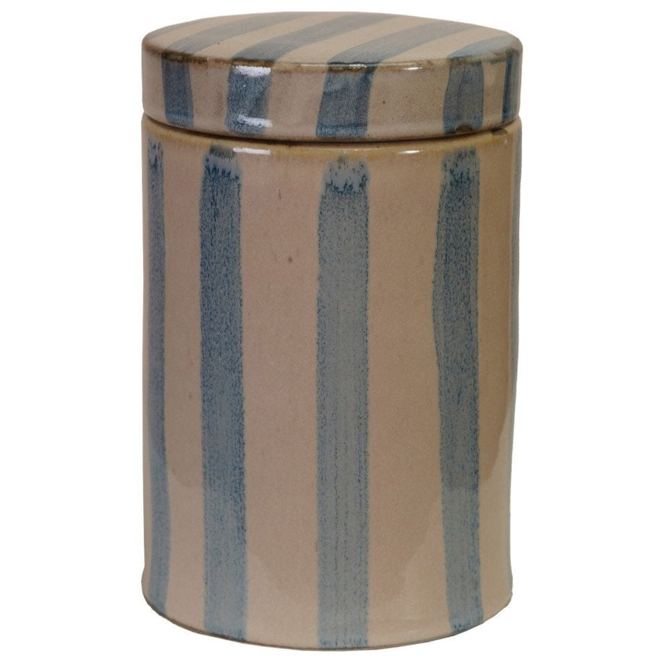 Blue & Ivory Striped Stoneware Jar - 6"