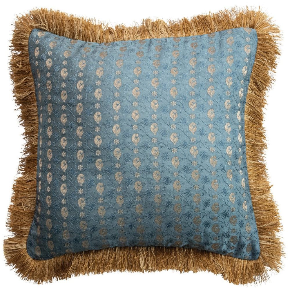 Blended Fabric Blue Jacquard Brocade Frilled Pillow - 16" x 16"