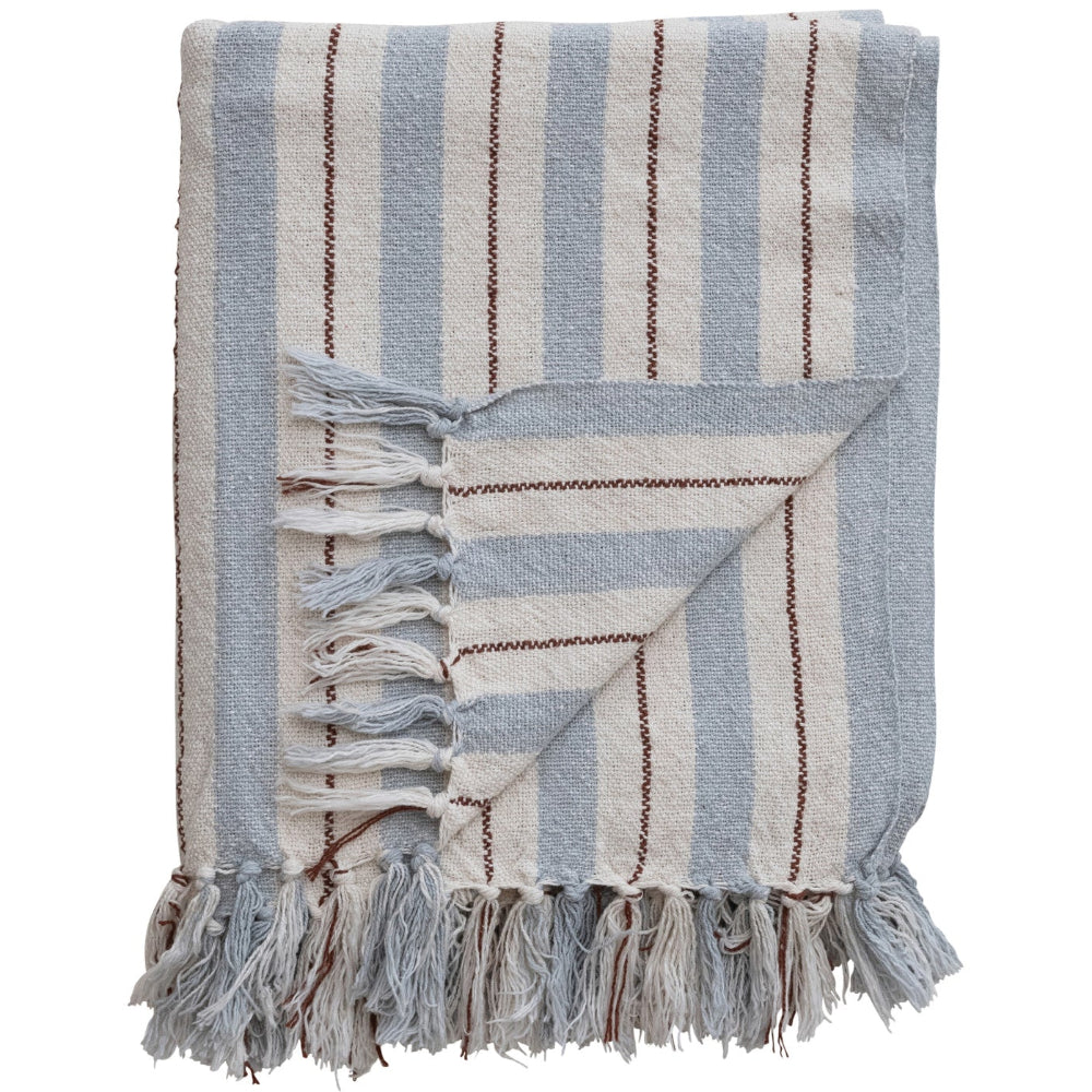 Blue & White Accented Stripes Recycled Cotton Fringe Throw - 50" x 60"