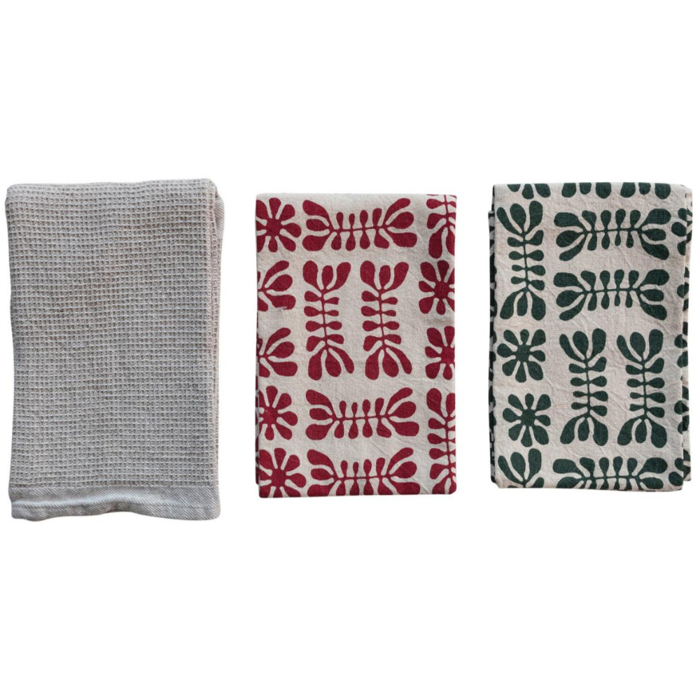 Red & Green Waffle Pattern Stonewashed Tea Towels - 3 pc.
