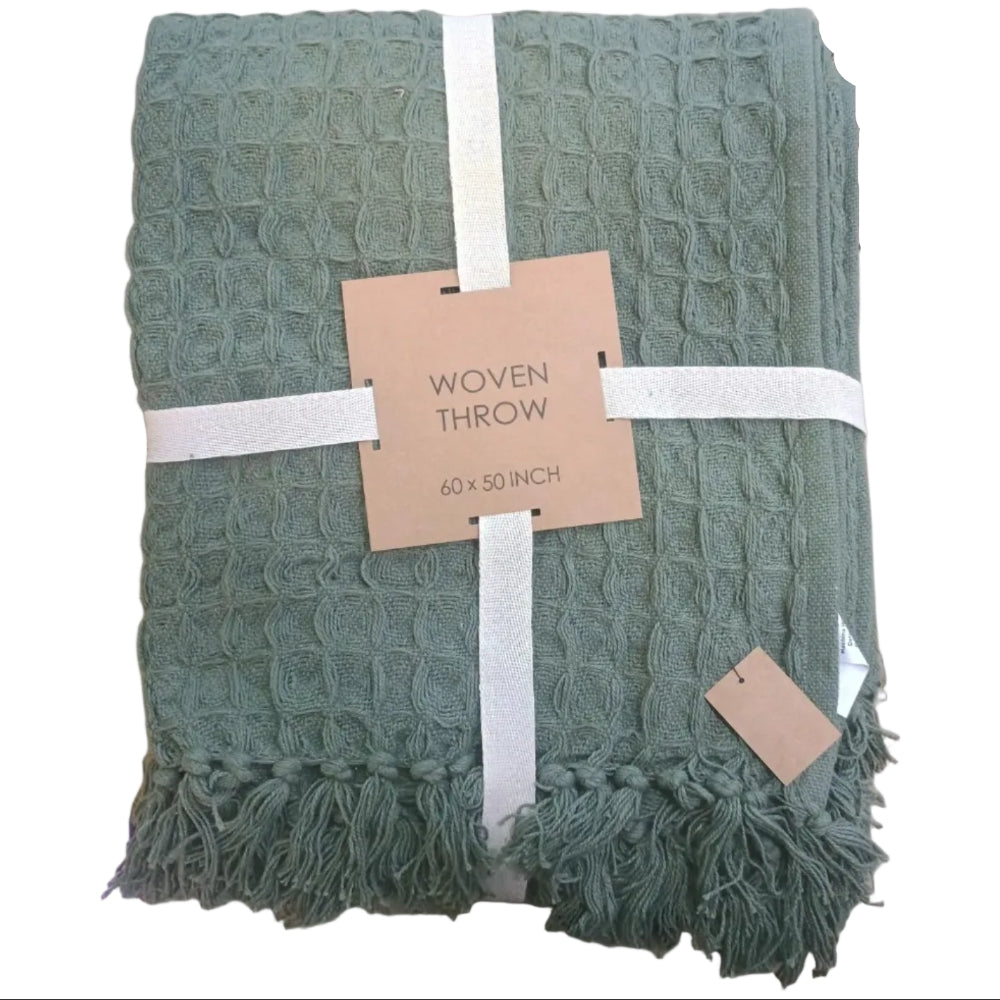CO-OP Waffle Weave Earth Green Fringed Cotton Throw - 50" x 60"