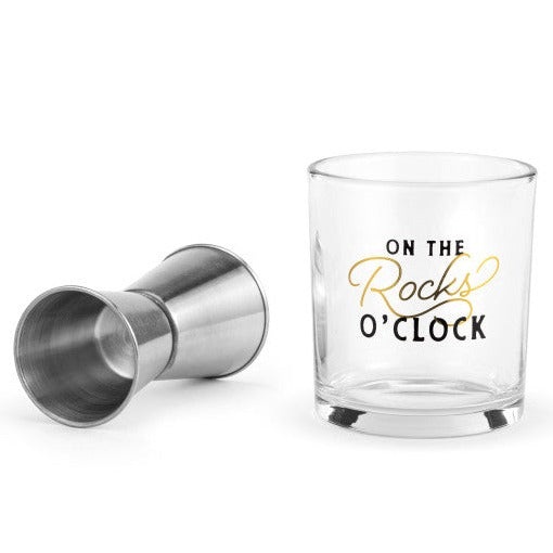"On The Rocks O'Clock" Whiskey Glass & Jigger Set