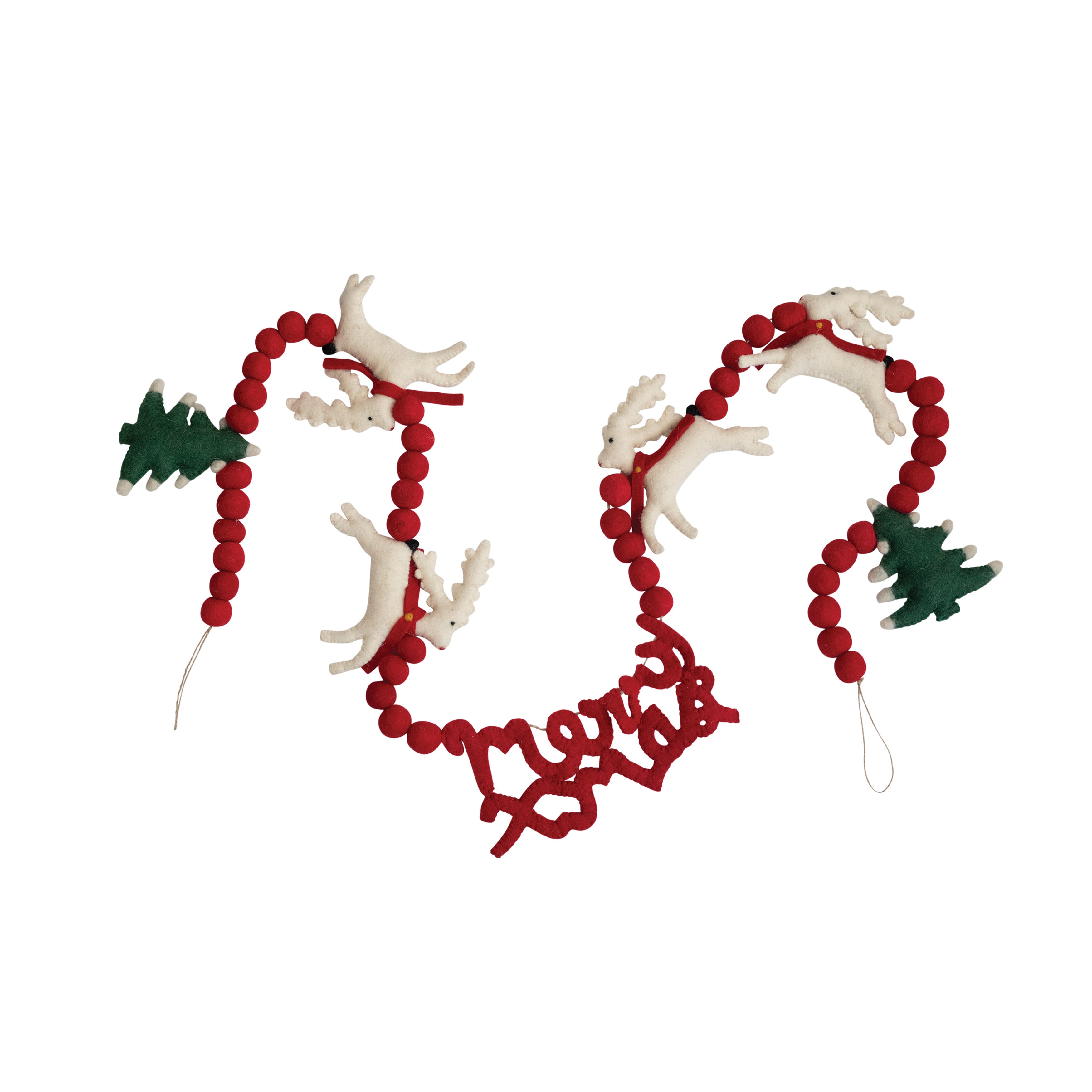 Felted Wool "Merry Xmas" Reindeer & Trees Garland - 6'