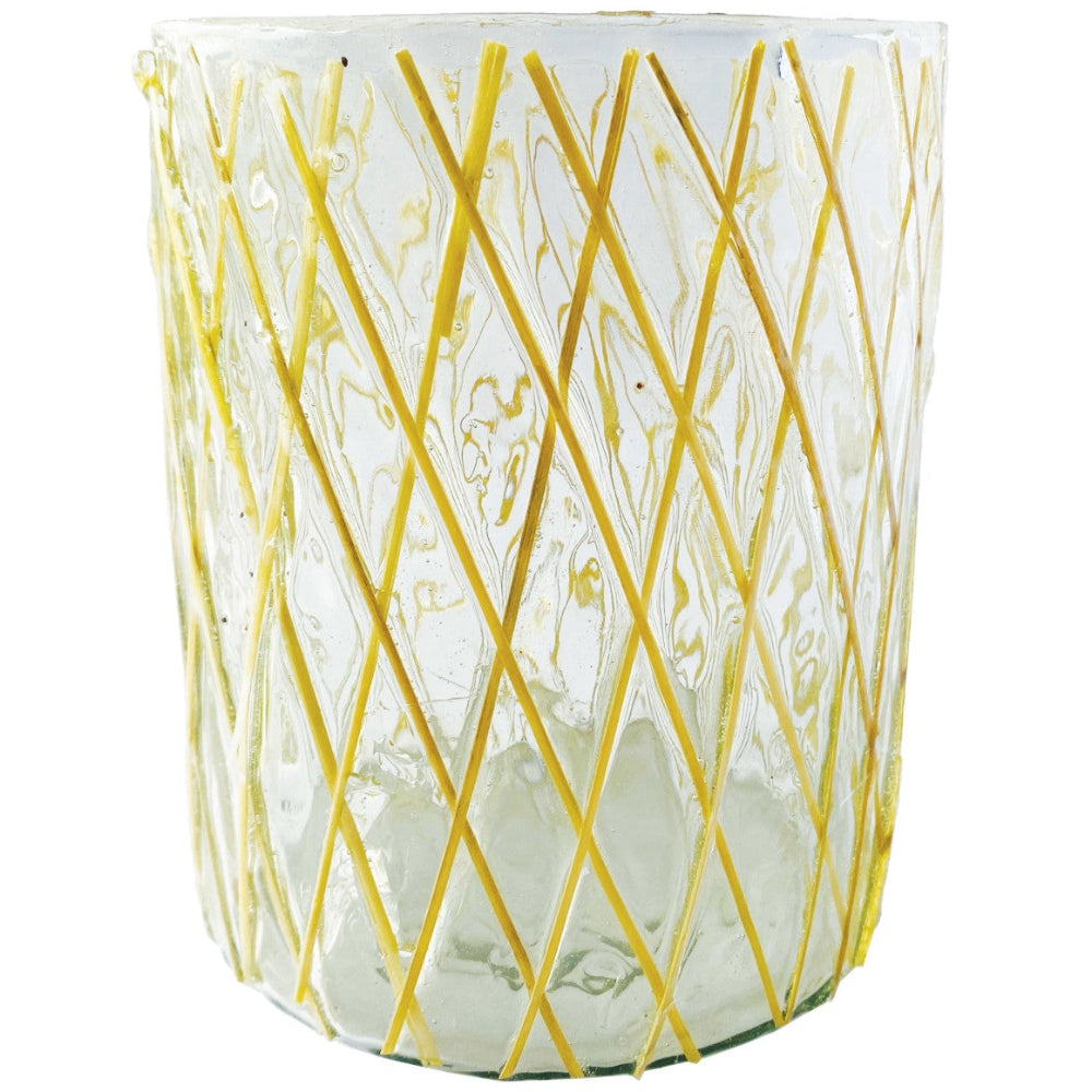 Recycled Glass & Criss-Cross Rattan Votive Candle Holder - 4" x 5"