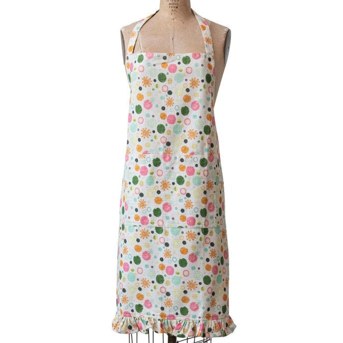 Retro-Patterned Multicolored Cotton Apron w/ Ruffle
