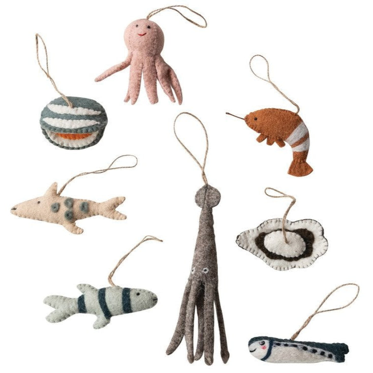 Handmade Felted Wool Sea Animal Ornament Set - 8 pc.