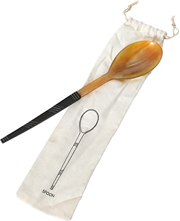 Horn Serving Spoon in Printed Drawstring Bag - 10"