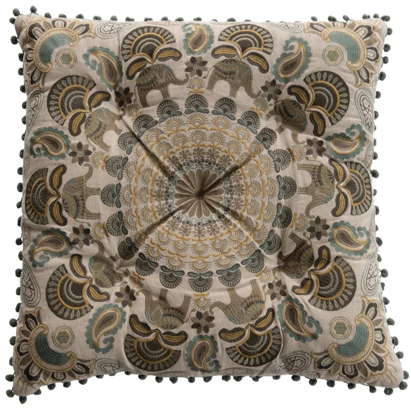 Embroidered Elephants & Pom-Poms Throw Pillow - 24" x 24"