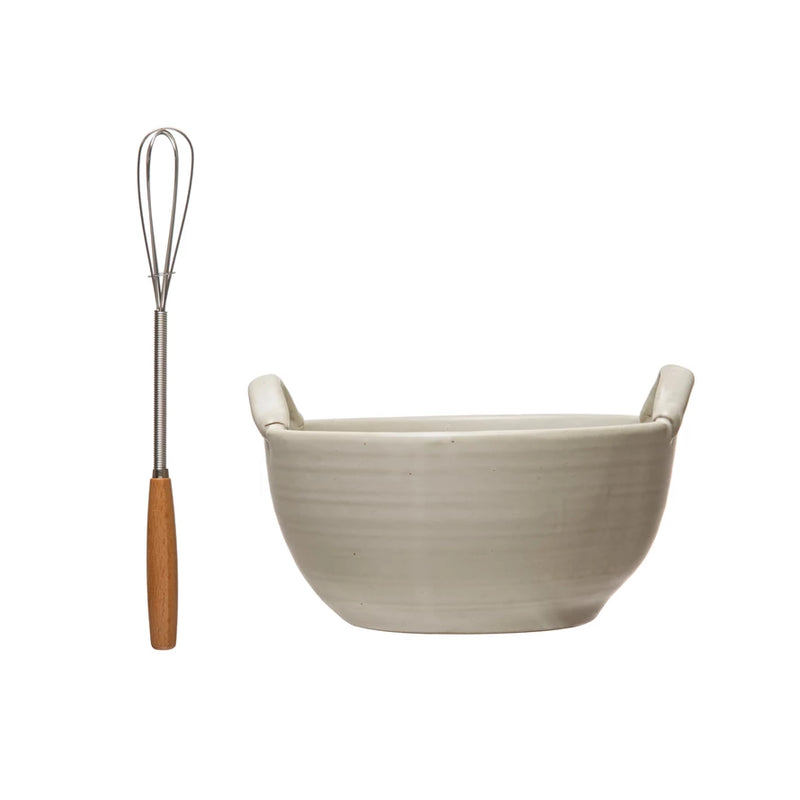 Stoneware Bowl With Wood and Metal Whisk